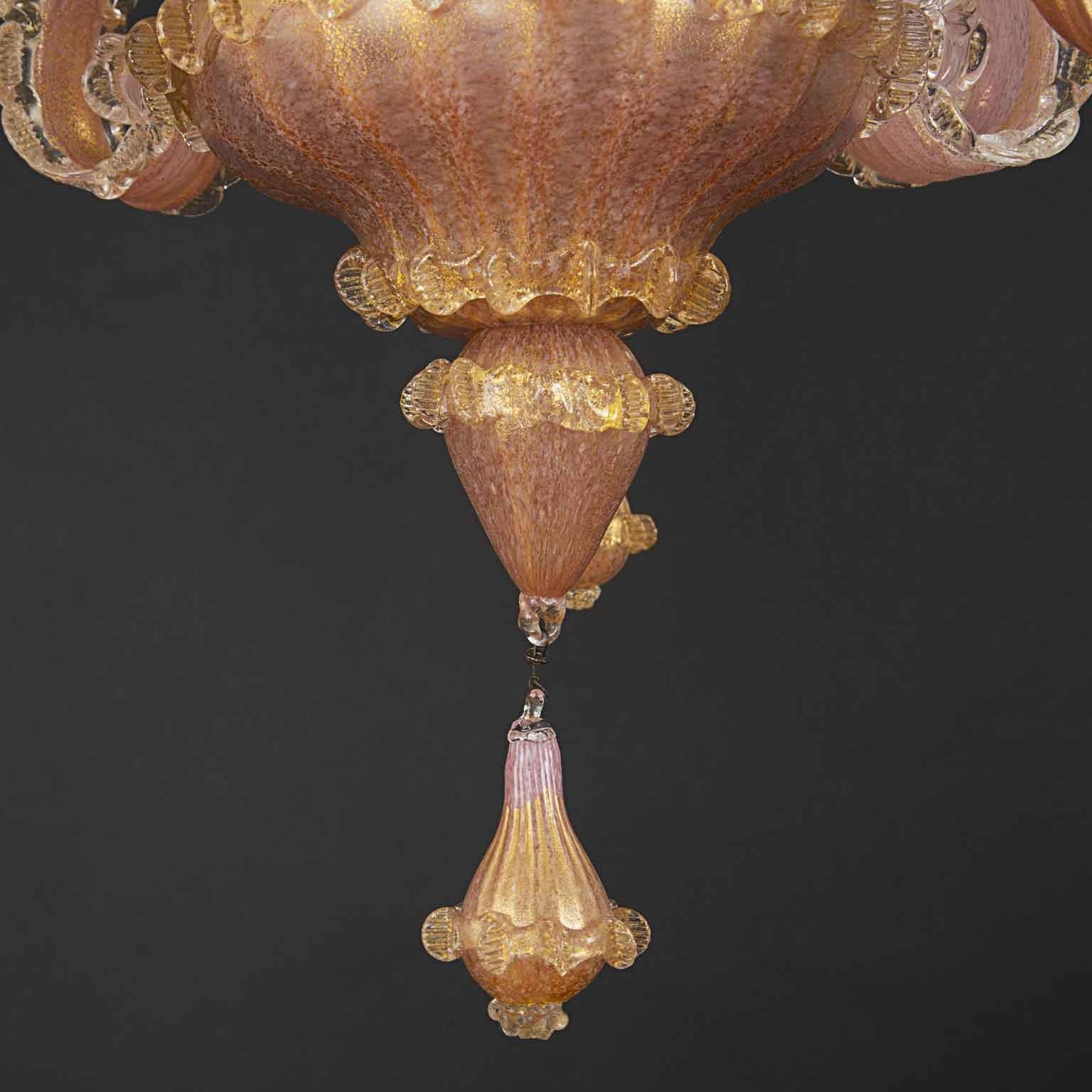 Lampadario Veneziano in Vetro Soffiato Rosa E Oro Tre Luci Murano 1950 3