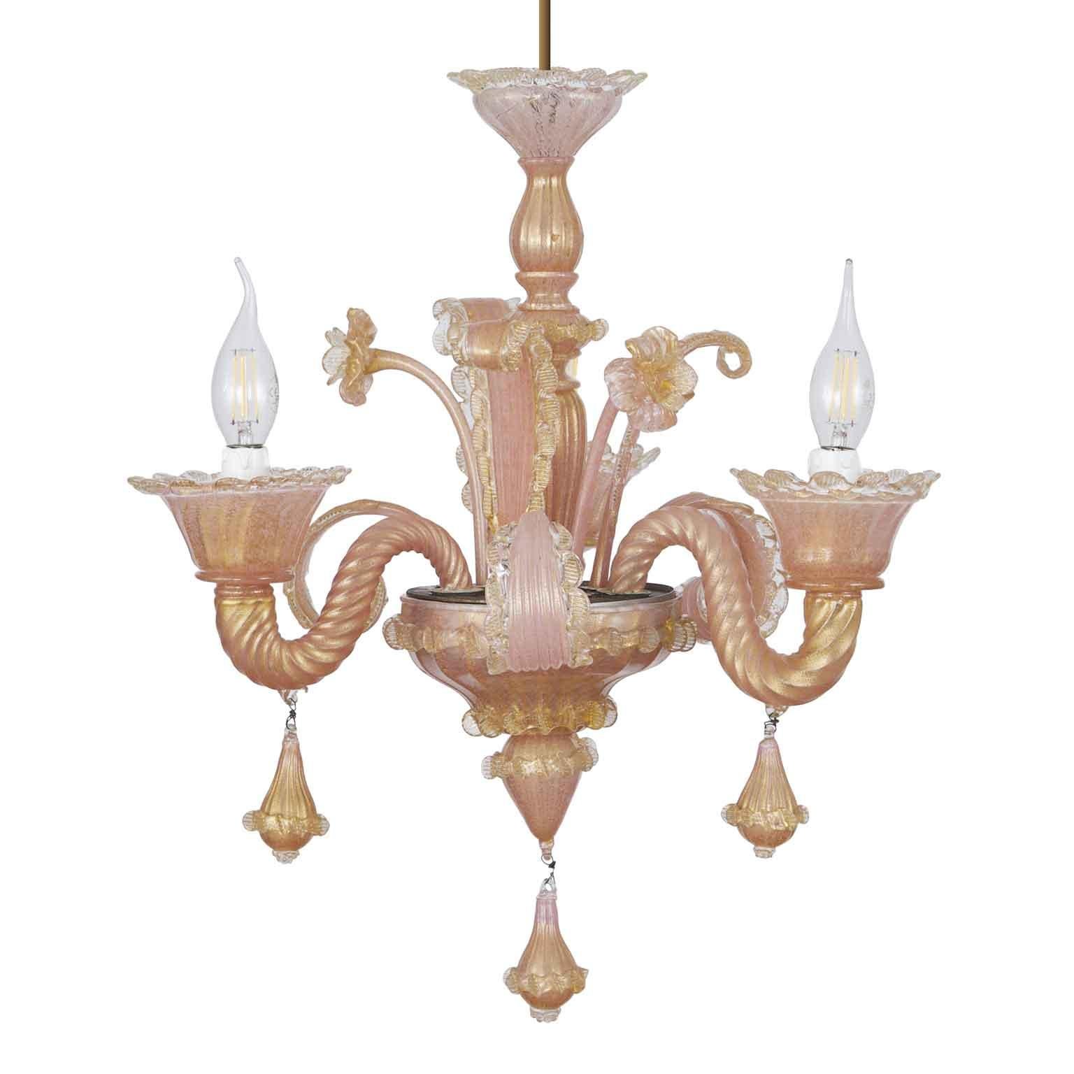 Lampadario Veneziano in Vetro Soffiato Rosa E Oro Tre Luci Murano 1950 4