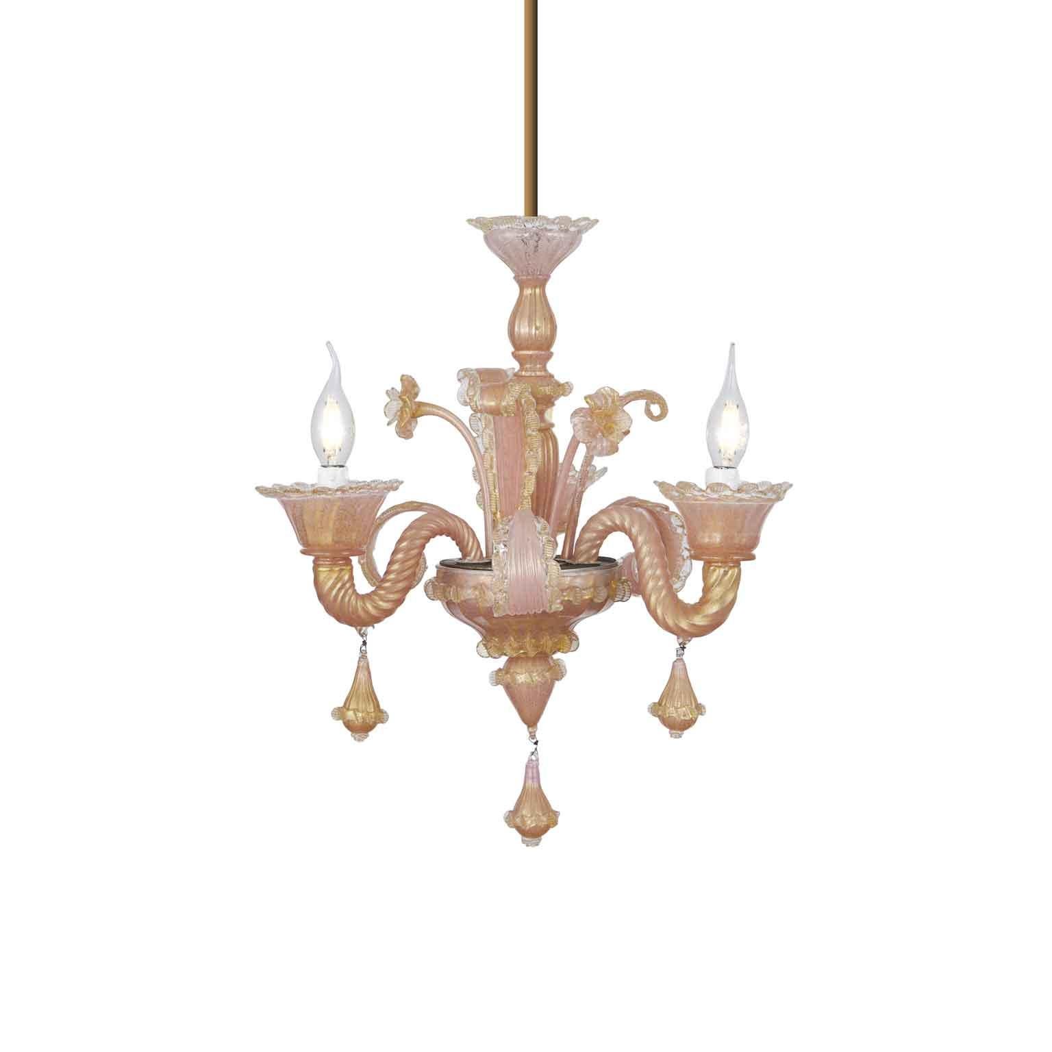 Lampadario Veneziano in Vetro Soffiato Rosa E Oro Tre Luci Murano 1950 5