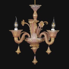 Lampadario Veneziano in Vetro Soffiato Rosa E Oro Tre Luci Murano 1950