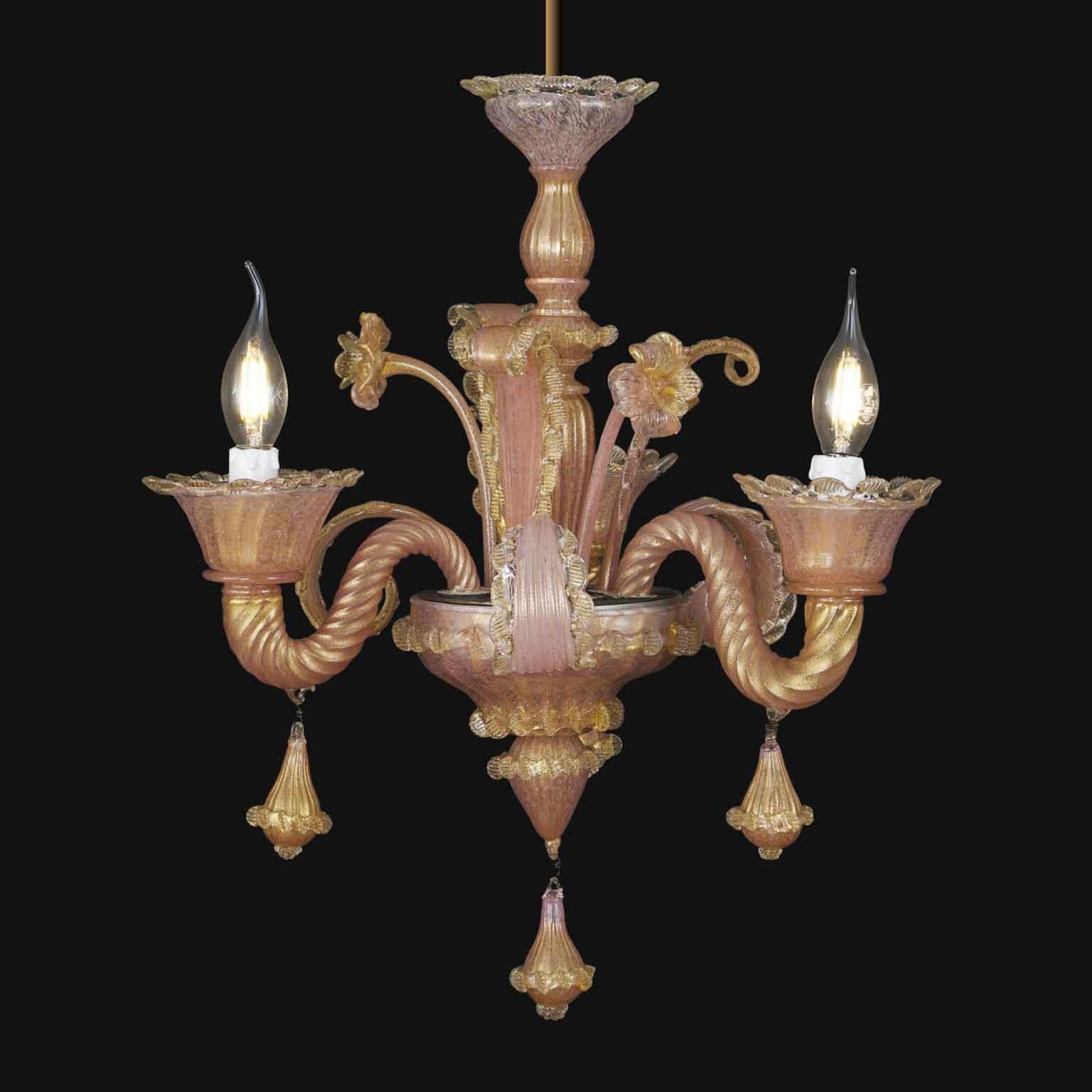 Lampadario Veneziano in Vetro Soffiato Rosa E Oro Tre Luci Murano 1950 (Italienisch)