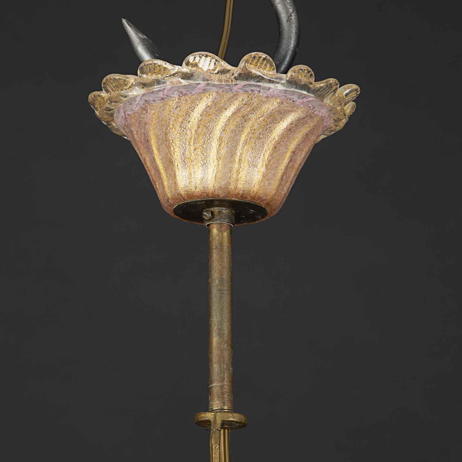 Lampadario Veneziano in Vetro Soffiato Rosa E Oro Tre Luci Murano 1950 (Handgefertigt)