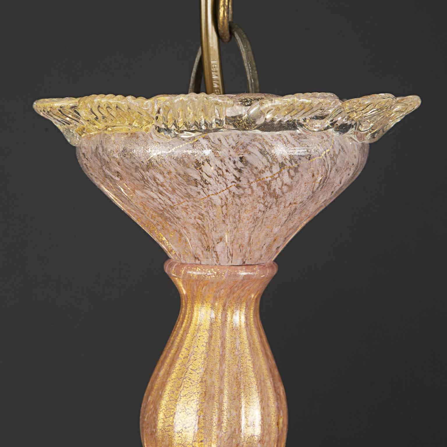 Lampadario Veneziano in Vetro Soffiato Rosa E Oro Tre Luci Murano 1950 (Geblasenes Glas)