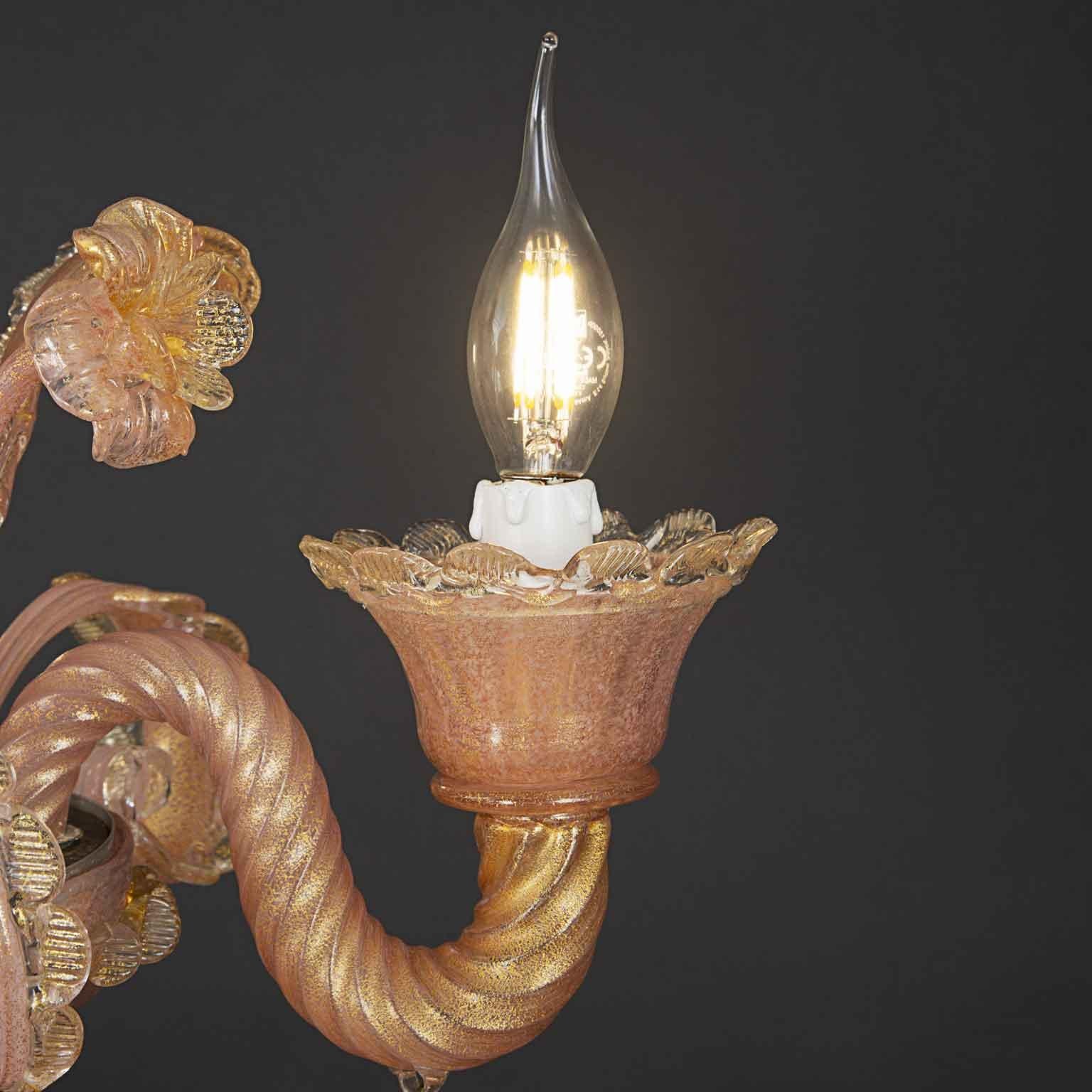 Lampadario Veneziano in Vetro Soffiato Rosa E Oro Tre Luci Murano 1950 2