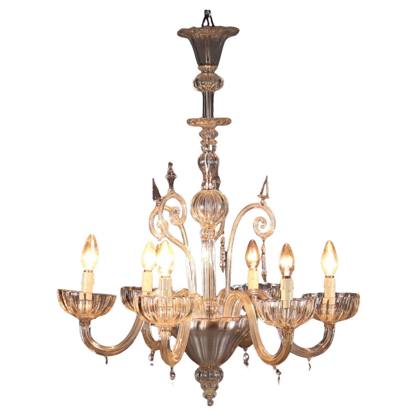 Lampadario Veneziano in Vetro soffiato trasparente Murano Fine XIX Secolo For Sale