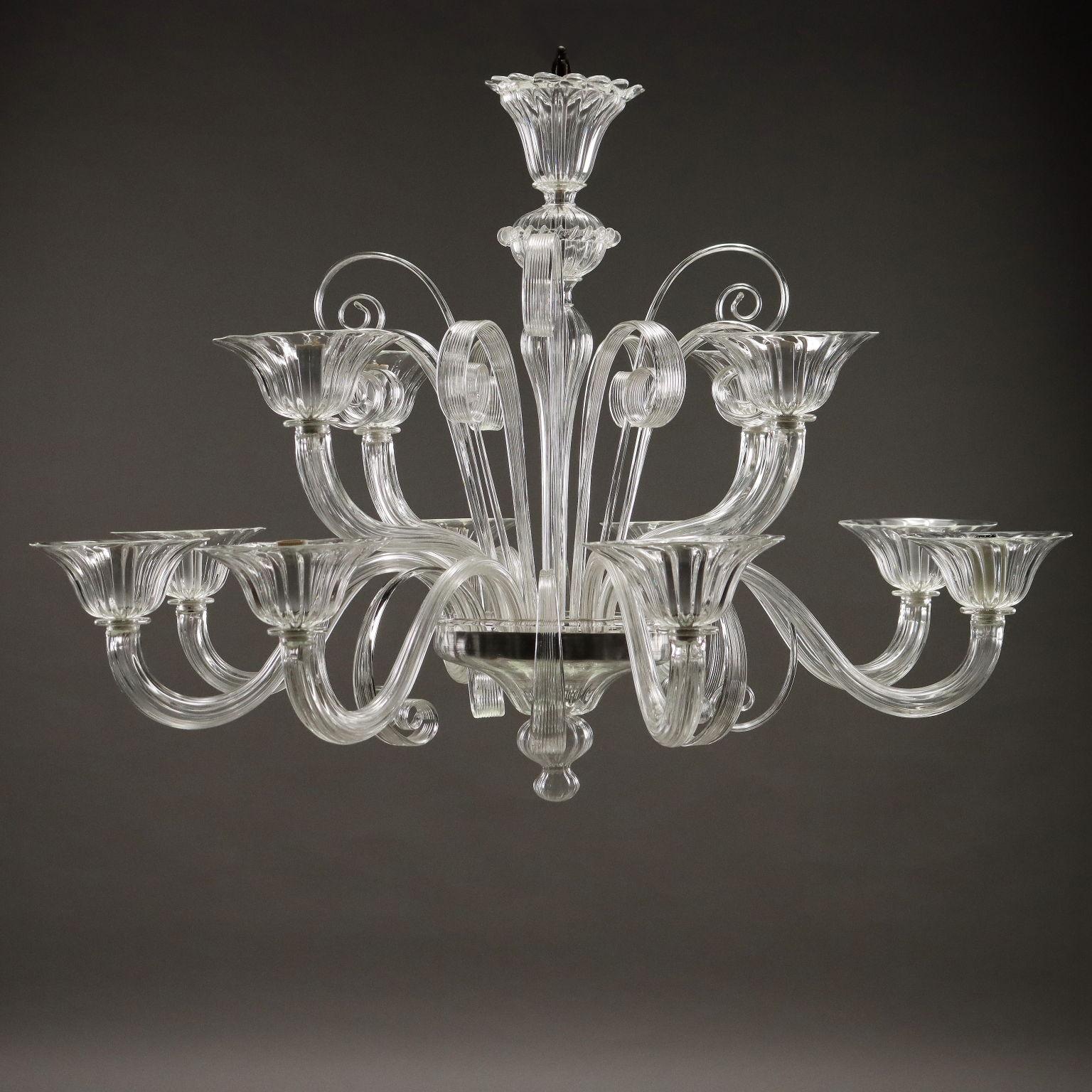 Lámpara veneciana de cristal soplado transparente, doce luces dispuestas en un doble escenario. Movía los brazos alternando con rizos y volutas ascendentes y colgantes.
Murano, siglo XX.	