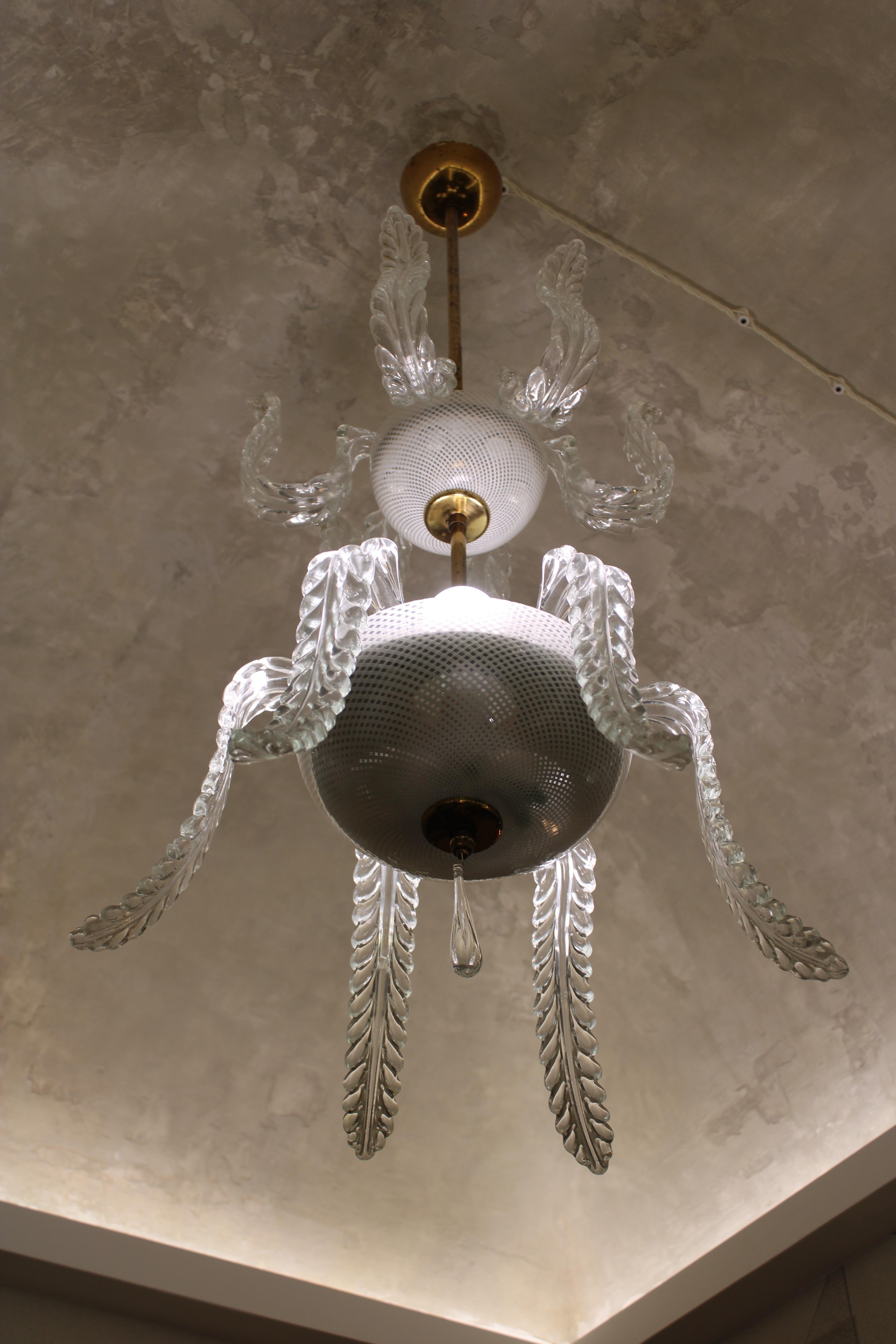 Elegante Lamapadari a Cascata  Venini Reticello 1950 in vetro di Murano e Ottone 