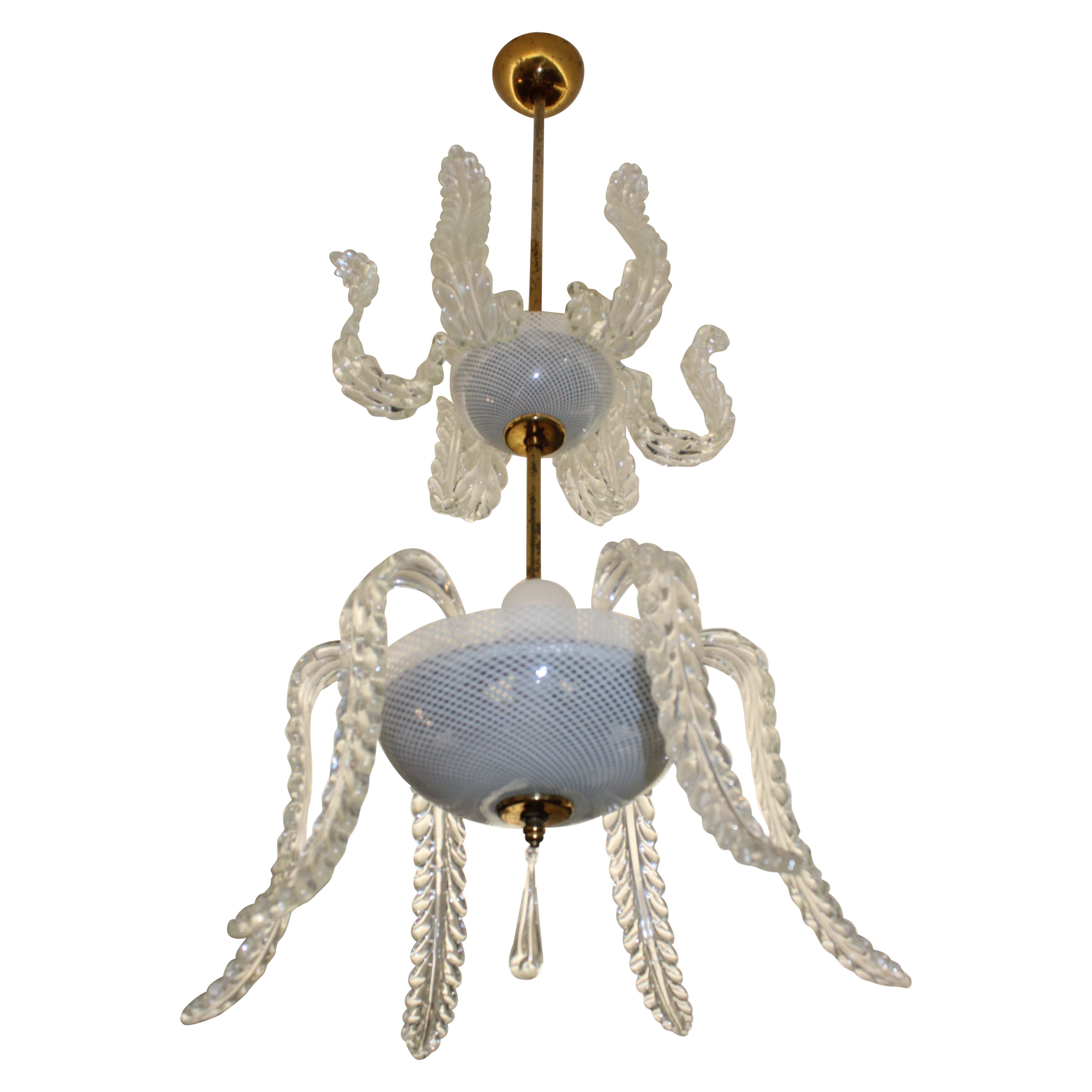 Venini waterfall chandelier  1950 In Muranno Reticello Glass and Brass