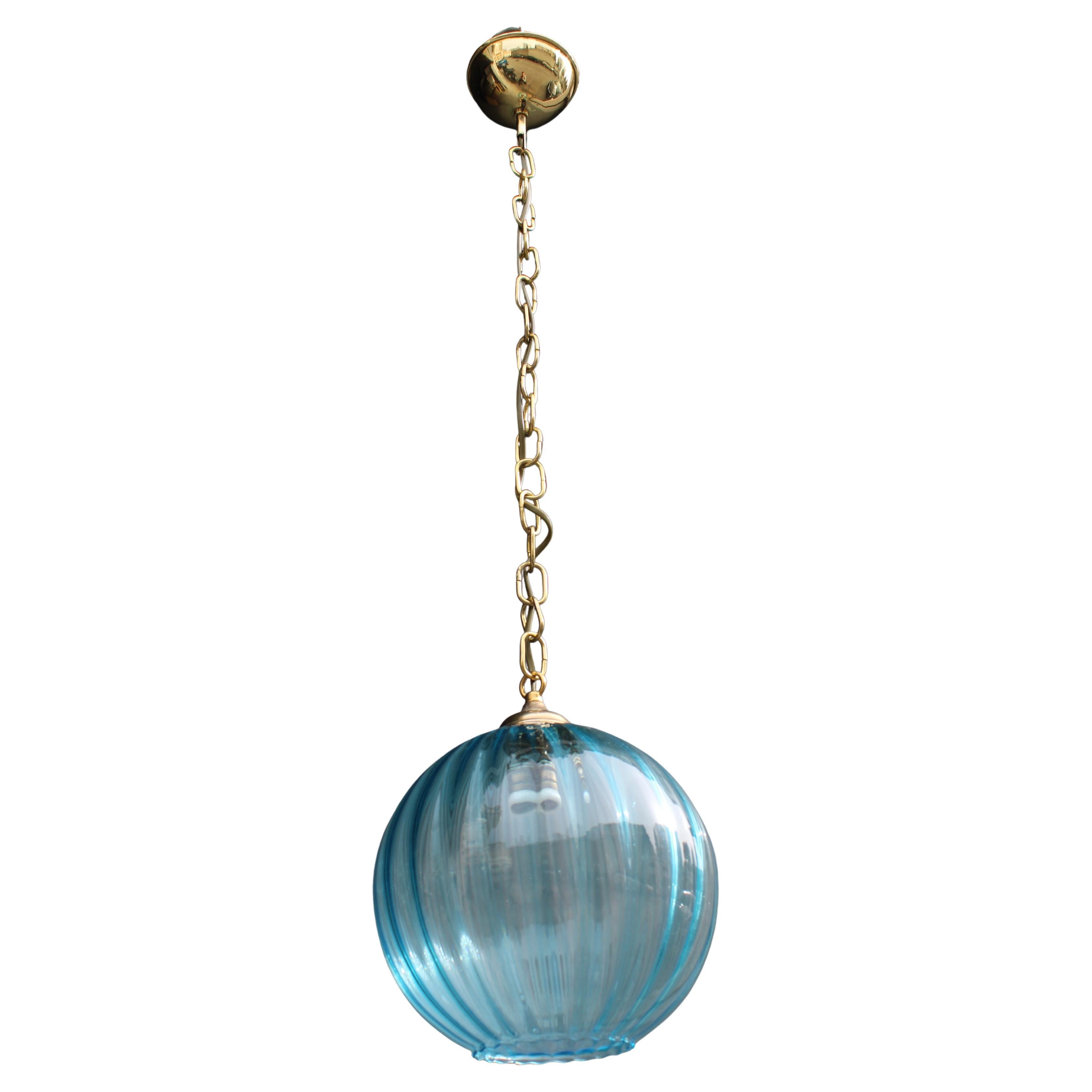 Lampadario Venini in Ottone e vetro di Murano Azzurro 1950s