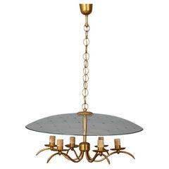 Lampadario vintage anni 40 cristallo curvato e ottone design Italiano