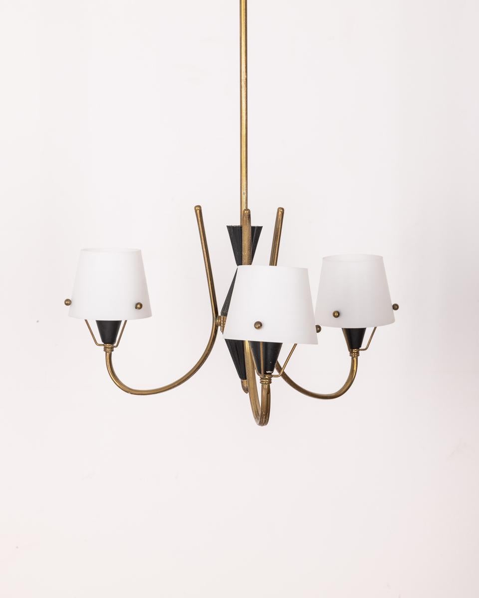 Chandelier with black metal and gilt brass structure and three-light white glass shades, Italian design, 1950s.

CONDITION: In good, working condition, may show signs of wear given by time.

DIMENSIONS: height 97 cm; diameter 45 cm

MATERIAL: Metal,