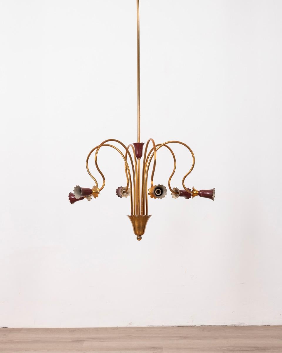 Chandelier with gilt brass and burgundy metal frame, six lights, Italian design, 1950s.

CONDITION: In good condition, working, shows signs of wear given by time.

DIMENSIONS: Height 115 cm; Diameter 60 cm

MATERIAL: Brass and Metal

YEAR OF
