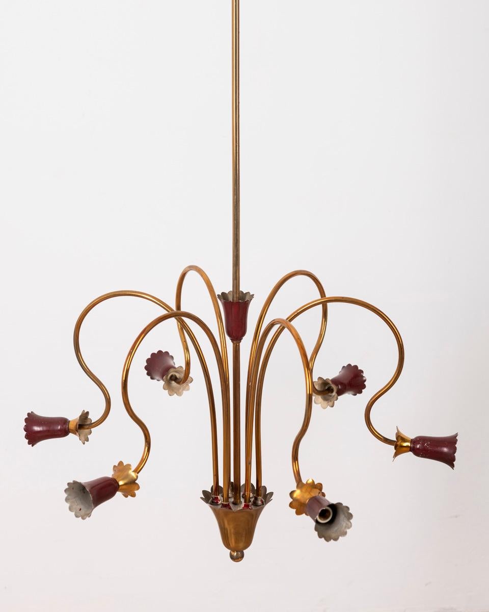 Vintage 1950s brass and burgundy metal chandelier Italian design In Good Condition For Sale In None, IT