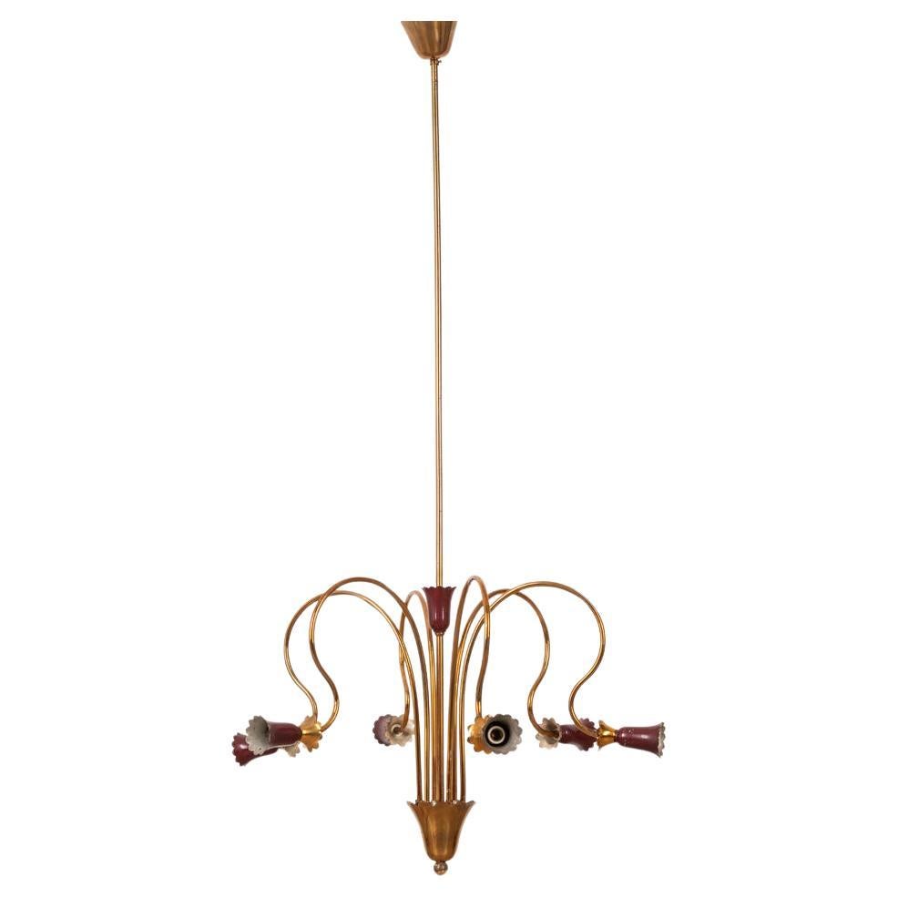 Vintage 1950s brass and burgundy metal chandelier Italian design