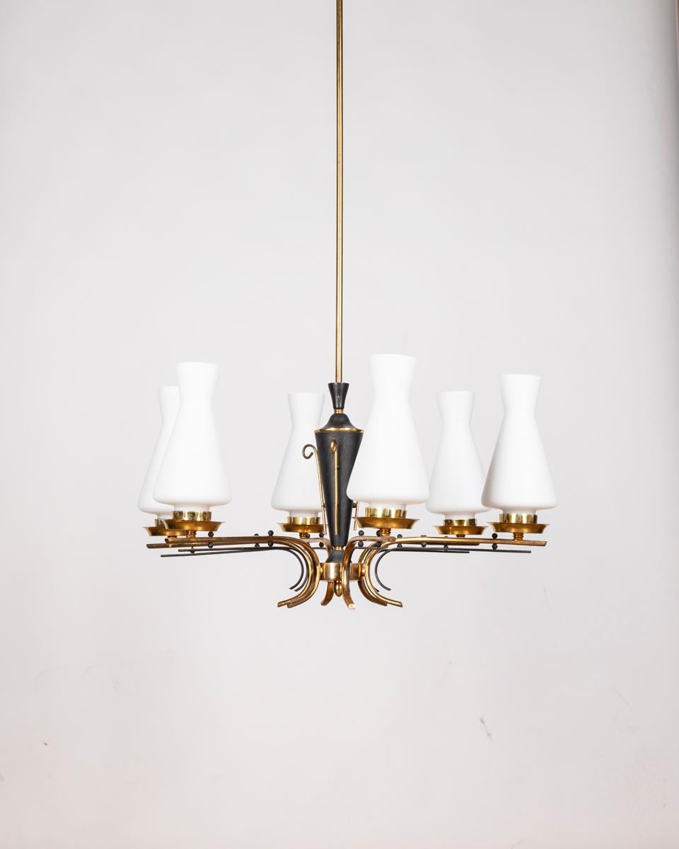 Black metal and gilt brass frame six-light chandelier with white flashed glass shades, Italian design, 1950s.

CONDITION: In good, working condition, may show signs of wear given by time.

DIMENSIONS: Height 62 cm; Diameter 107 cm;

MATERIAL: Steel