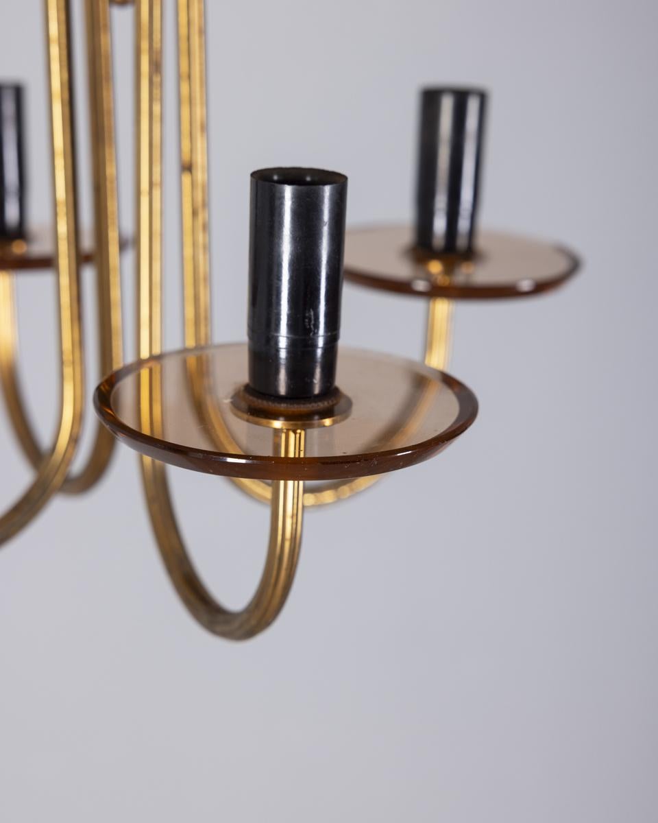 Mid-Century moderno Lampadario vintage anni 50 in ottone e vetro rosa design Italiano in vendita