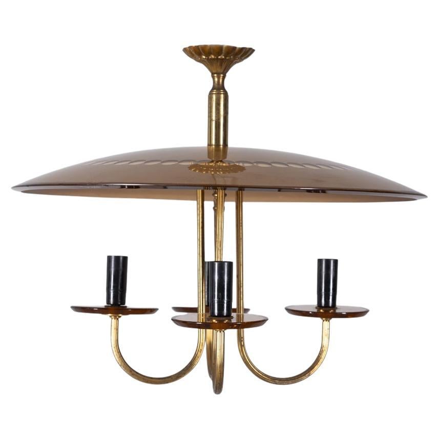 Lampadario vintage anni 50 in ottone e vetro rosa design Italiano in vendita