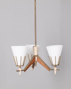 Vintage 1950s brass wood and opal glass chandelier Italian design