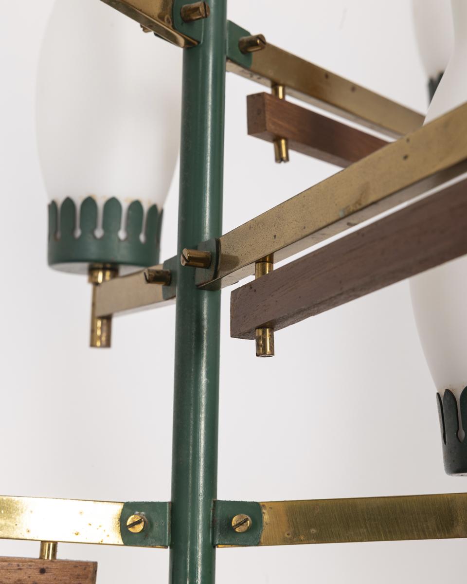Vintage 1950s brass metal green and glass chandelier Italian design For Sale 4