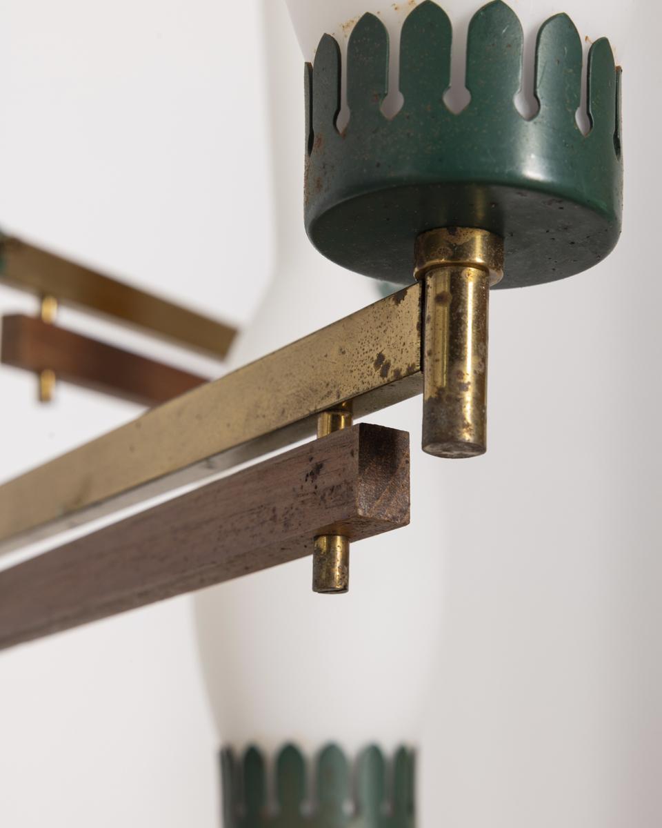 Vintage 1950s brass metal green and glass chandelier Italian design For Sale 5