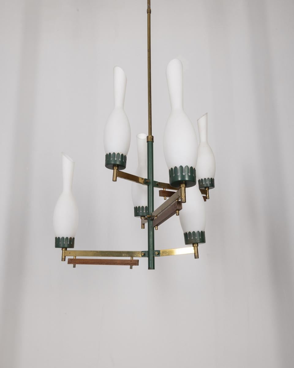Chandelier with gilt brass frame, green metal and wood inserts, six lights with glass shades, Italian design, 1950s.

CONDITION: In good, working condition, shows signs of wear given by time and visible in photos.

DIMENSIONS: Height 115 cm;