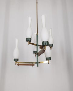 Vintage 1950s brass metal green and glass chandelier Italian design
