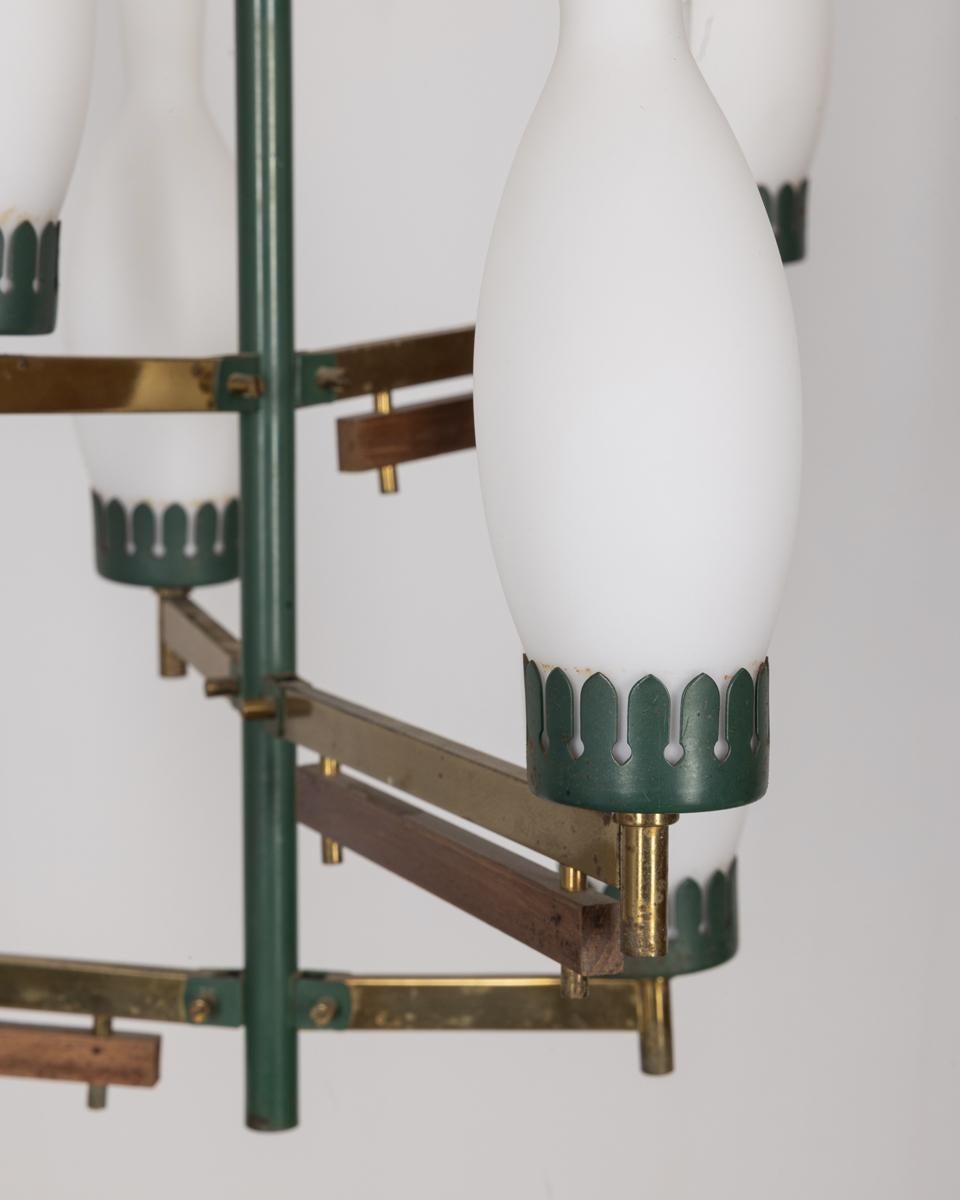 Mid-Century Modern Vintage 1950s brass metal green and glass chandelier Italian design For Sale