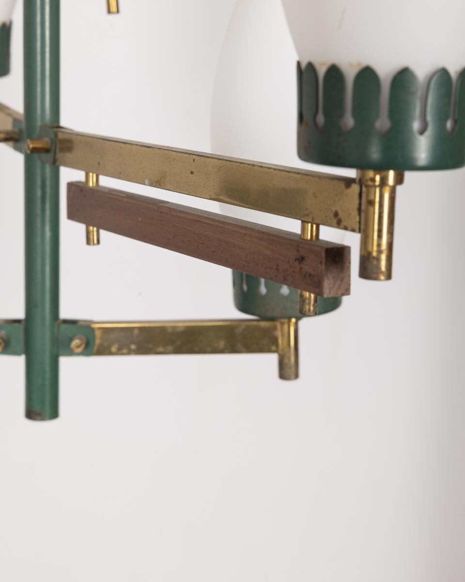 Mid-20th Century Vintage 1950s brass metal green and glass chandelier Italian design For Sale