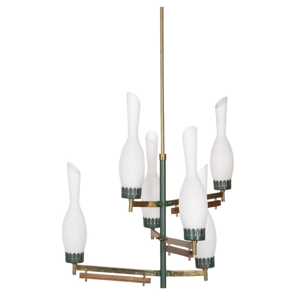 Vintage 1950s brass metal green and glass chandelier Italian design