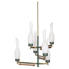 Vintage 1950s brass metal green and glass chandelier Italian design