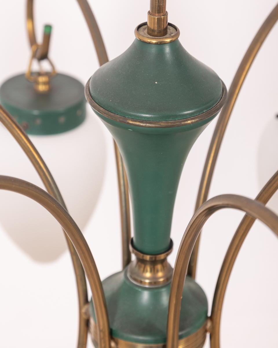Vintage 1950s brass glass and metal green chandelier Italian design For Sale 5