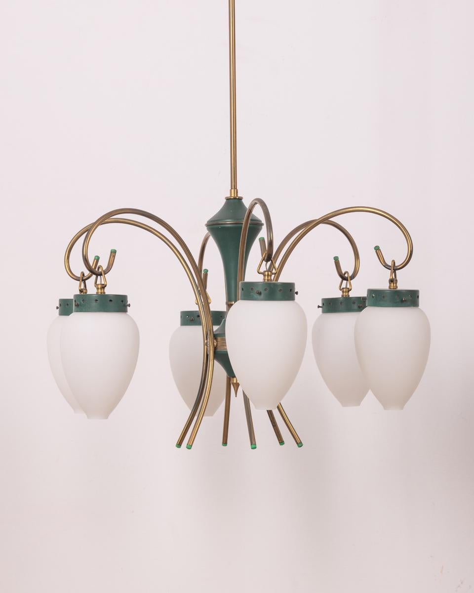 Six-light chandelier with green metal frame and gilded brass, with white flashed glass shades, Italian design, 1950s.

CONDITION: In good condition, working, shows signs of wear given by time.

DIMENSIONS: Height 105 cm; Diameter 58 cm

MATERIALS: