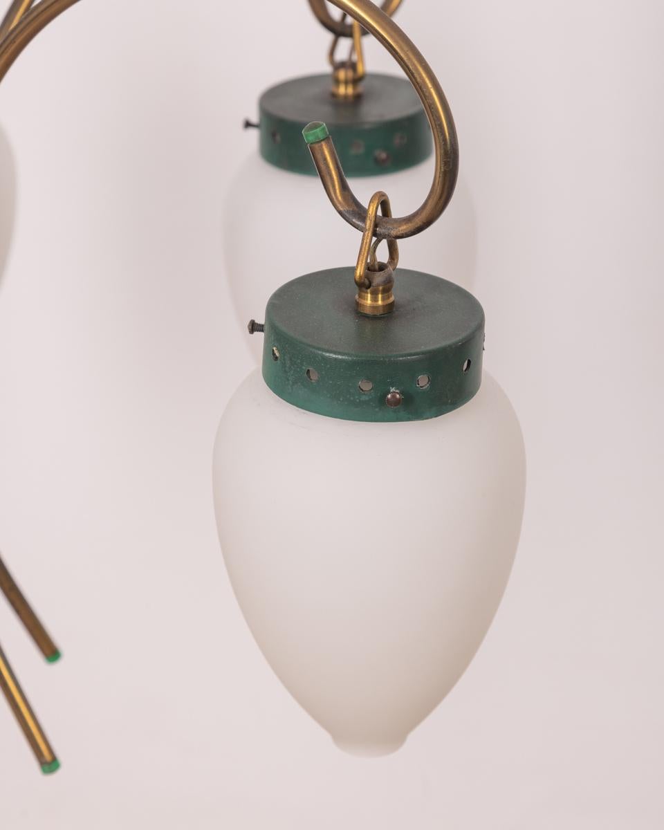 Vintage 1950s brass glass and metal green chandelier Italian design In Good Condition In None, IT