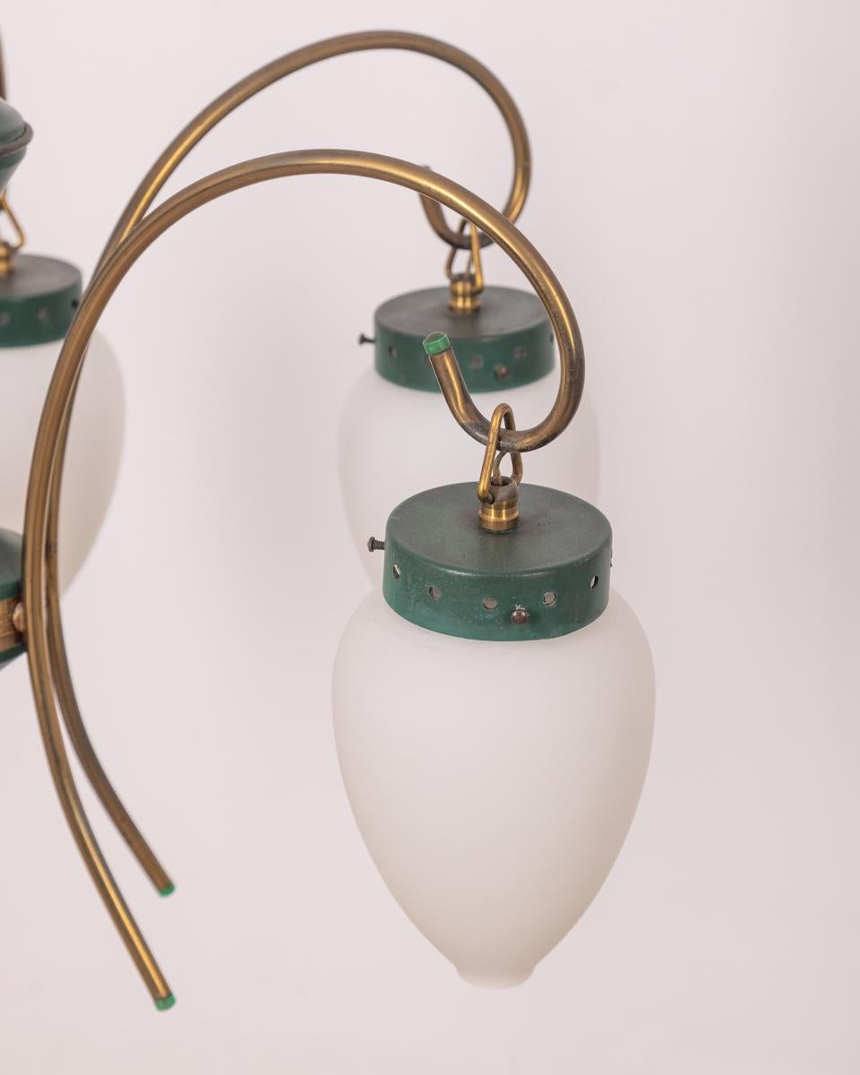 Mid-20th Century Vintage 1950s brass glass and metal green chandelier Italian design For Sale