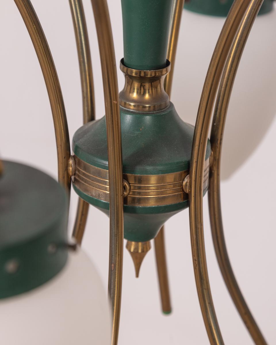 Metal Vintage 1950s brass glass and metal green chandelier Italian design