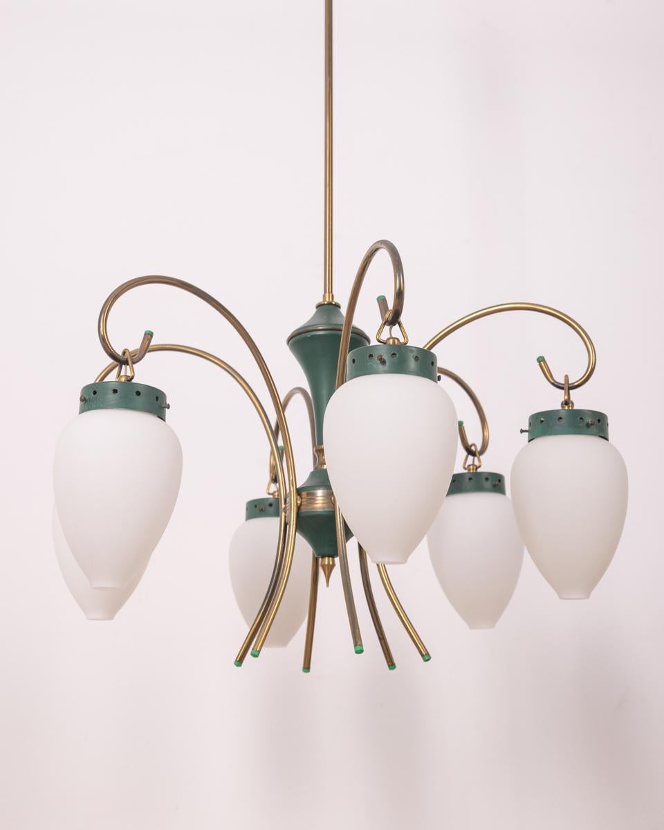 Vintage 1950s brass glass and metal green chandelier Italian design For Sale 1