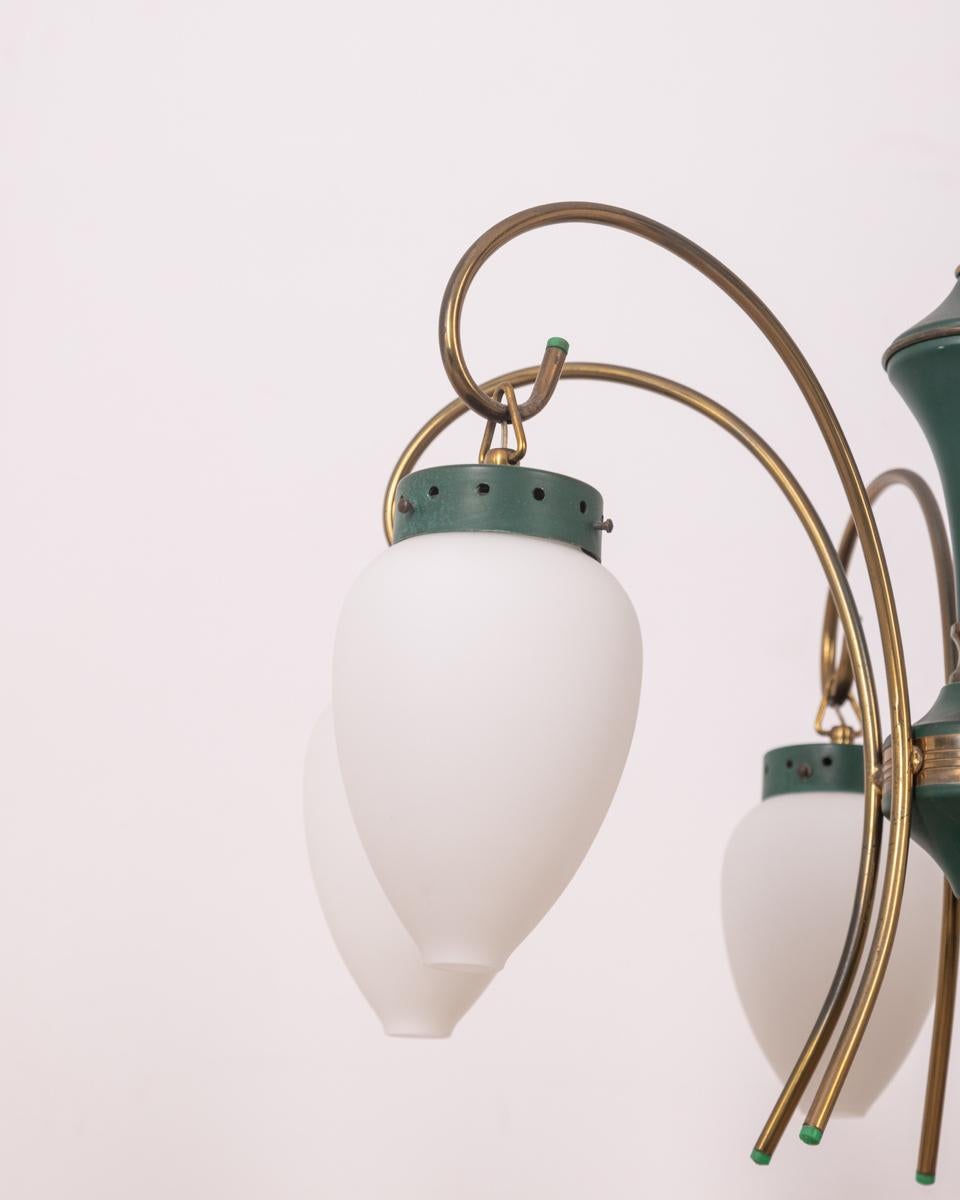 Vintage 1950s brass glass and metal green chandelier Italian design 2