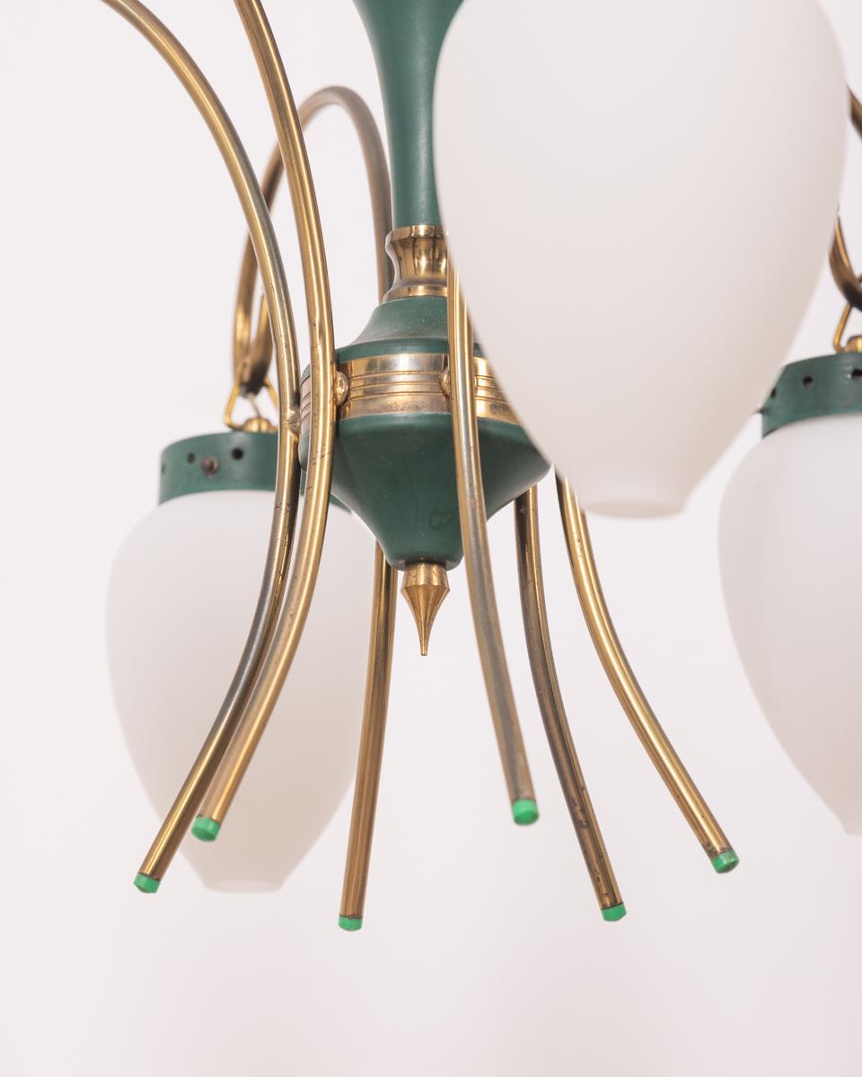 Vintage 1950s brass glass and metal green chandelier Italian design 3
