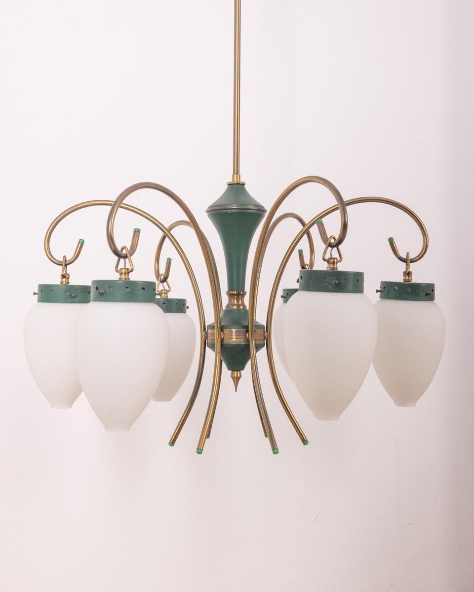 Vintage 1950s brass glass and metal green chandelier Italian design For Sale 4