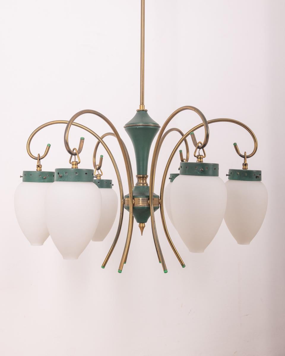 Vintage 1950s brass glass and metal green chandelier Italian design 4