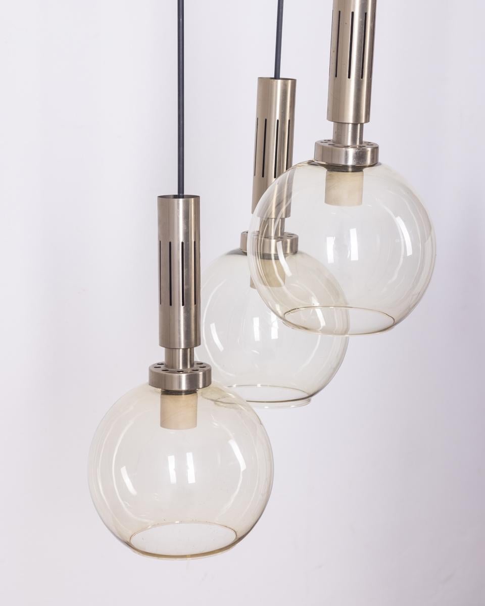 Mid-20th Century Vintage 1960s brass and glass chandelier 3 lights Italian design For Sale