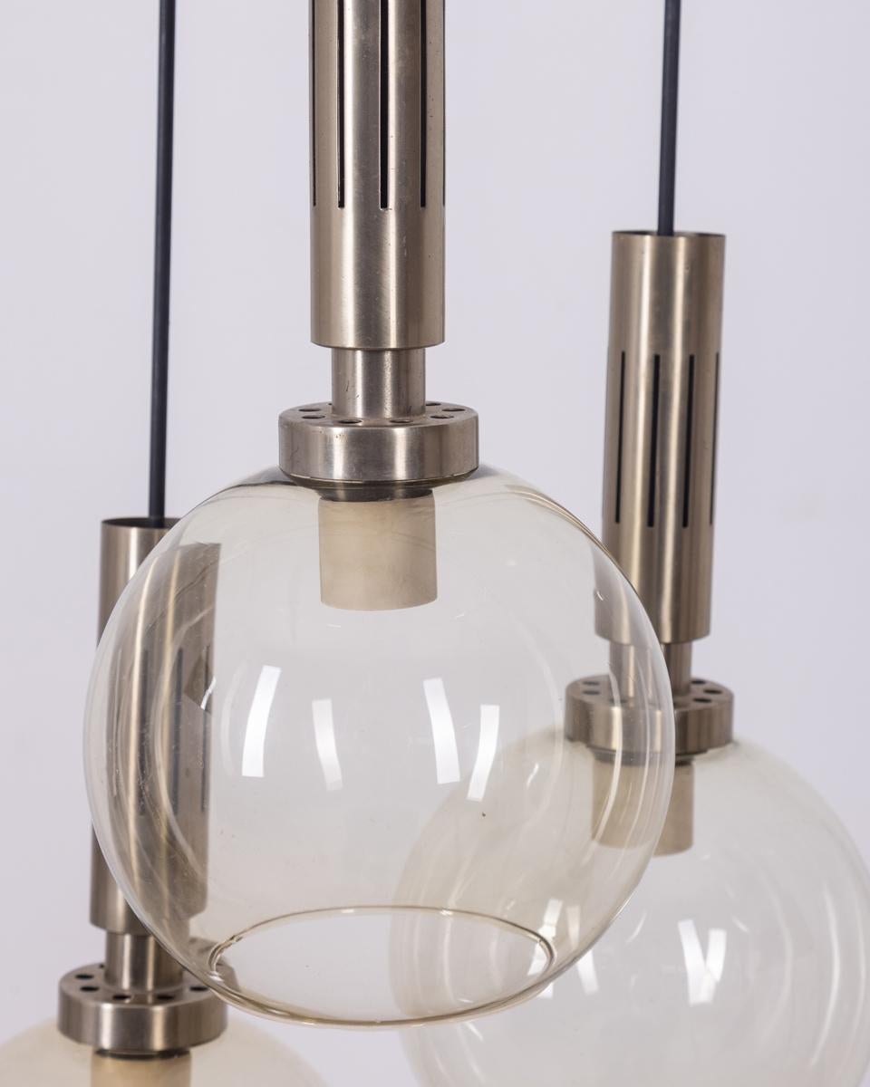 Metal Vintage 1960s brass and glass chandelier 3 lights Italian design For Sale