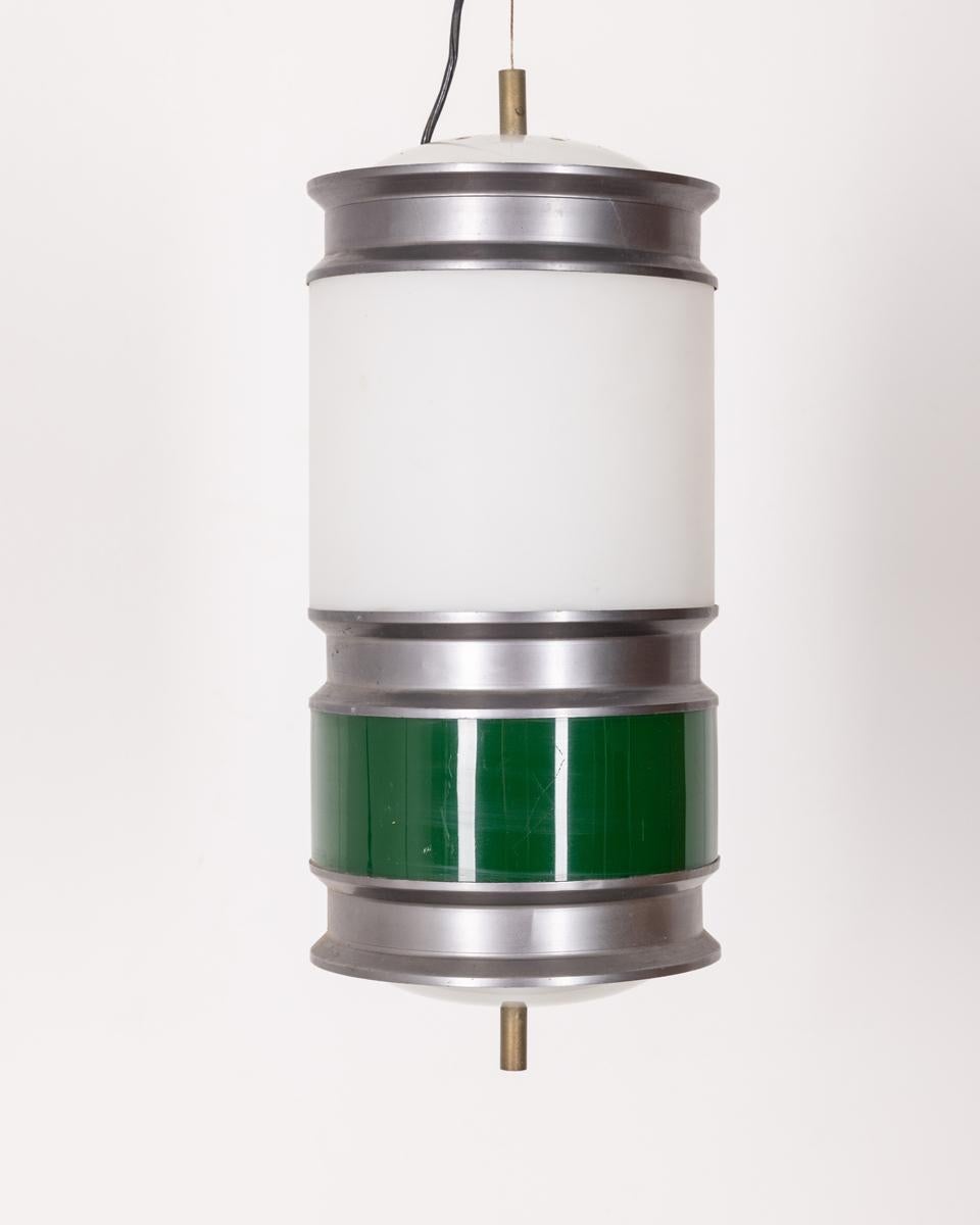 Chandelier with chrome metal frame and white glass and greenish plastic lampshades.
Design Goffredo Reggiani for Reggiani, 1960s.

CONDITION: In good, working condition, may show signs of wear given by time.

DIMENSIONS: Height 42 cm; Diameter 18