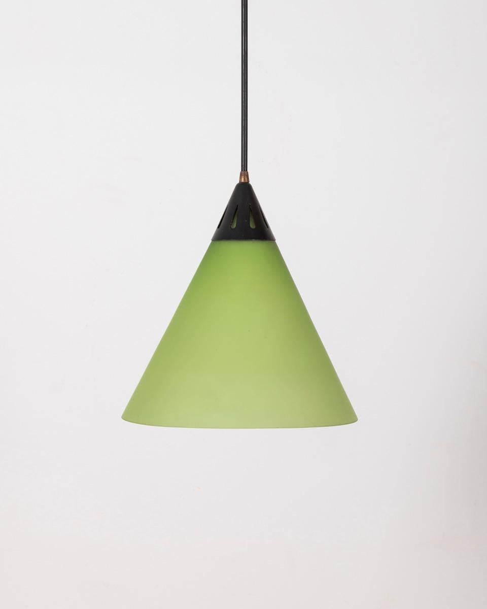 Chandelier with black metal and brass frame, conical lampshade of green flashed glass, Italian design, 1960s.

CONDITION: In good, working condition, may show signs of wear given by time.

DIMENSIONS: Height 65 cm; Diameter 28 cm

MATERIAL: Metal