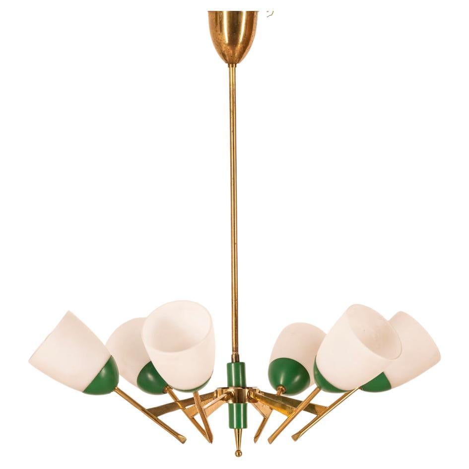Vintage 1960s brass glass and metal green chandelier Italian design For Sale