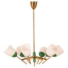Retro 1960s brass glass and metal green chandelier Italian design