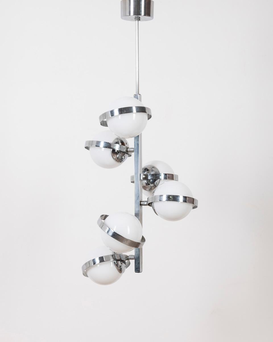 Chromed and white metal frame chandelier with six lights with spherical glass shades, possibility to adjust the position of the shades, Italian design, 1970s.

CONDITION: In good, working condition, may show signs of wear given by time.

DIMENSIONS: