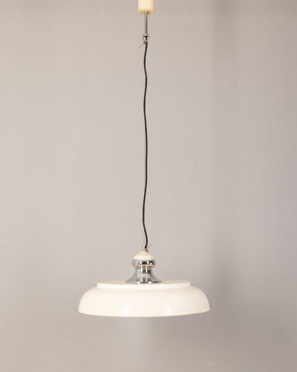 White and chrome metal chandelier with glass shade, height is adjustable, Italian design, 1970s.

CONDITION:
In good, working condition, may show signs of wear given by time.

SIZING: 
Height 120 cm; Diameter 50 cm

MATERIALS: 
Metal and glass

YEAR