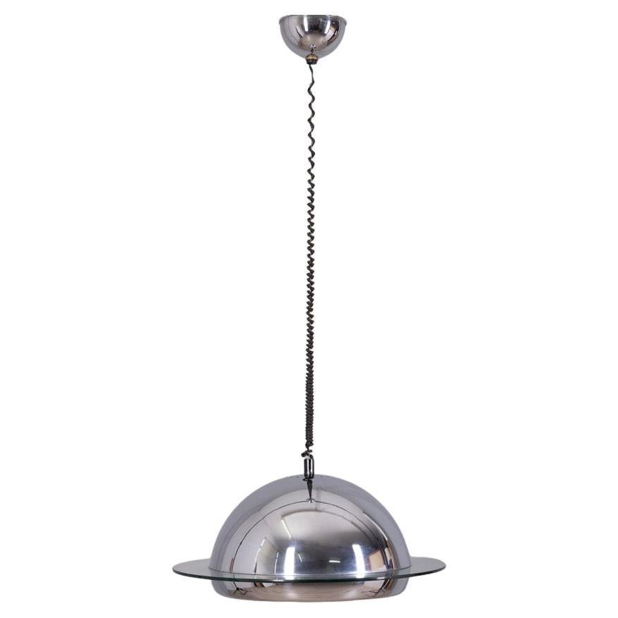 Lampadario vintage anni '70 in metallo cromato e vetro, design Italiano