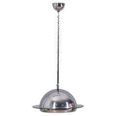 Lampadario vintage anni '70 in metallo cromato e vetro, design Italiano